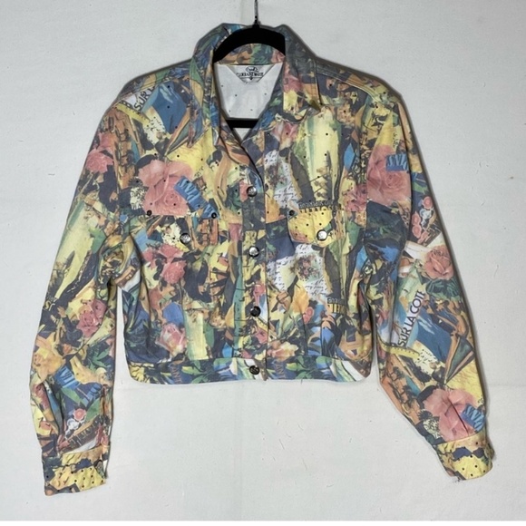 Vintage Opal By Lorraine Wardy Graphic Print Oversized Cropped Denim Jacket M - Picture 12 of 12